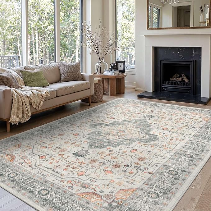 Rugxara 8x10 Washable Area Rug for Living Room, Vintage Neutral Extra Large Boho Rugs for Office, Kids Room, Farmhouse, Durable Low Pile Non Slip Carpet for High Traffic Areas, Taupe