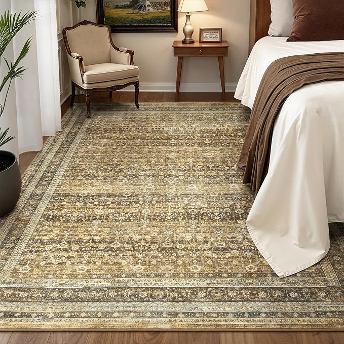 6x9 Washable Area Rugs for Living Room Bedroom, Boho Non-Slip Rug | Vintage Distressed Retro; Low Pile; Stain Resistant; Neutral Soft Carpet for Dining Room, Nursery, Home Office; Caramel Brown