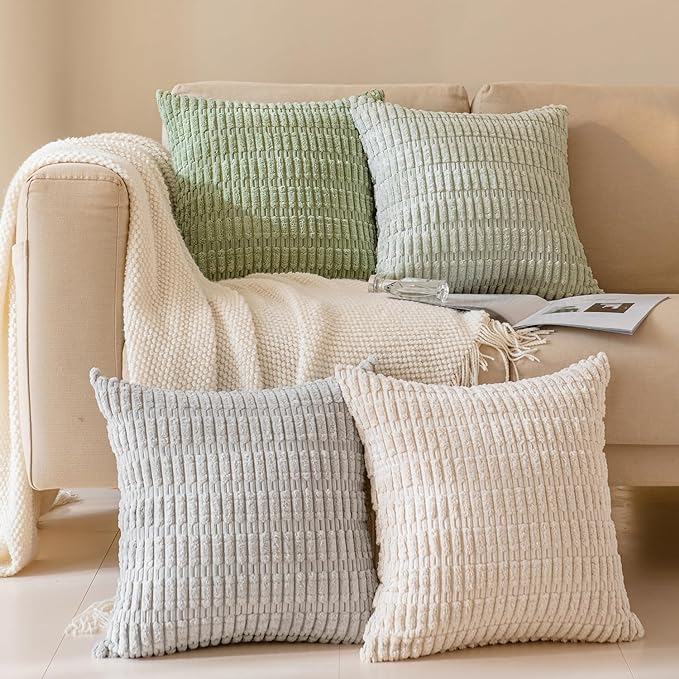 Softalker Throw Pillow Covers 18x18 Inch, Set of 4, Corduroy Soft Striped Boho Spring Pillow Cover, Modern Decorative Cushion Pillow Case for Couch Sofa Bedroom Living Room, Green/Grey