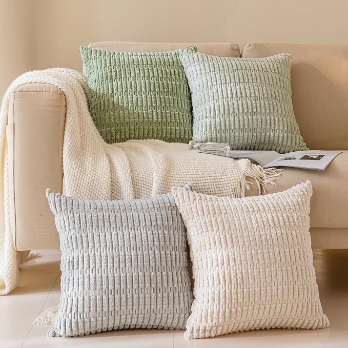 Softalker Throw Pillow Covers 16x16 Inch, Set of 4, Corduroy Soft Striped Farmhouse Boho Pillow Cover, Modern Decorative Cushion Pillow Case for Couch Sofa Bedroom Living Room, Green/Grey
