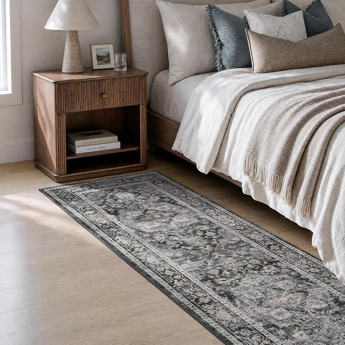 AMOAMI-2X6 Runner Rug-Washable Runners for Hallways-Soft Non Slip Bedside Rugs for Bedroom-Vintage Long Rug for Hallways Entryway Laundry Room Stair Kitchen Bathroom Dark Grey & Black
