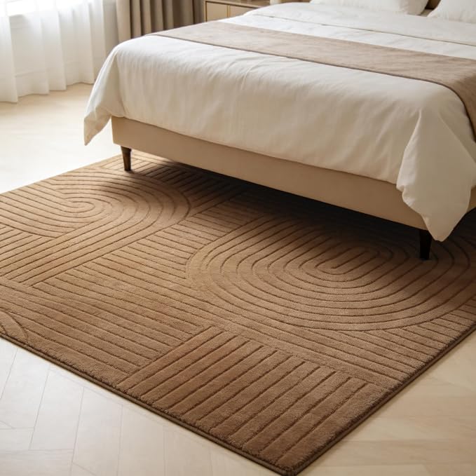 8x10 Large Solid Color Area Rug, Washable Living Room Rug, Ultra Soft High-Low Rugs for Bedroom, Non-Slip Geometric Textured Indoor Carpet for Nursery, Kids Room, Apartment, Home Office, Brown