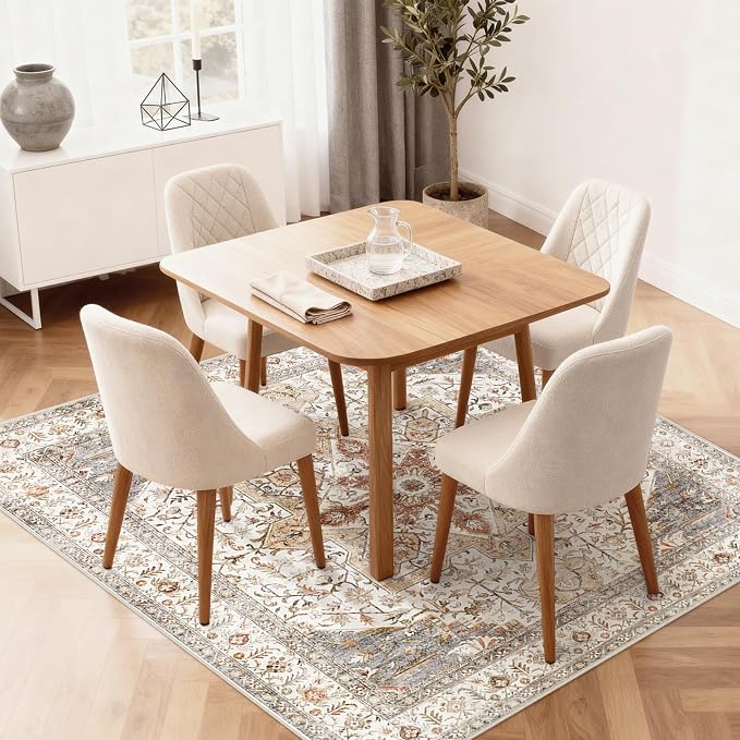 Tortania 8' Square Area Rug Living Room Rugs - Washable Boho Rug Vintage Oriental Distressed Farmhouse Large Thin Indoor Carpet for Bedroom Under Dining Table Home Office - Orange Multi