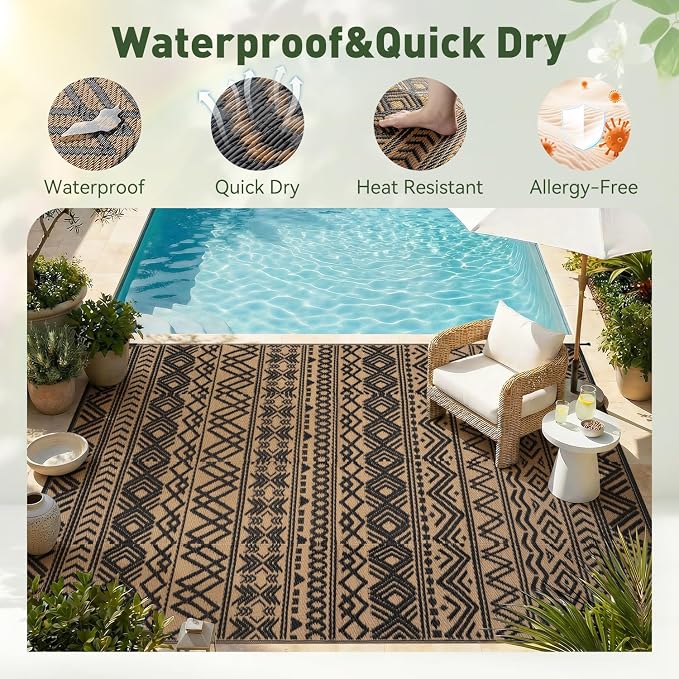 MontVoo Outdoor Rug Carpet Waterproof 9x12 Outdoor Patio Rug Mat Reverisble Plastic Straw Outdoor Rug for RV Camping Picnic Beach Balcony Boho Black Brown Large