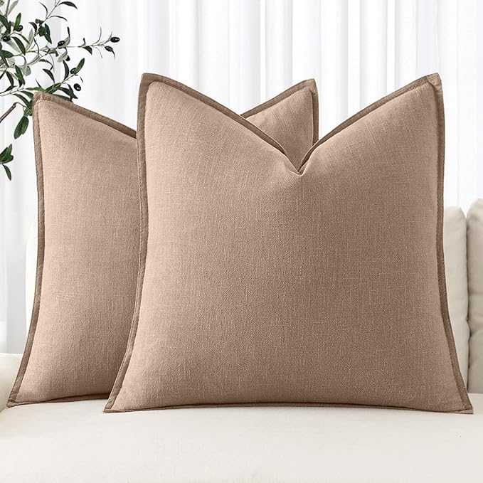 MIULEE Decorative Linen Euro Sham Pillow Covers 24x24 Camel | Boho Farmhouse Neutral Couch Throw Pillows for Bed, Pack of 2 Accent Modern Pillowcases, Sofa Livingroom Home Decor