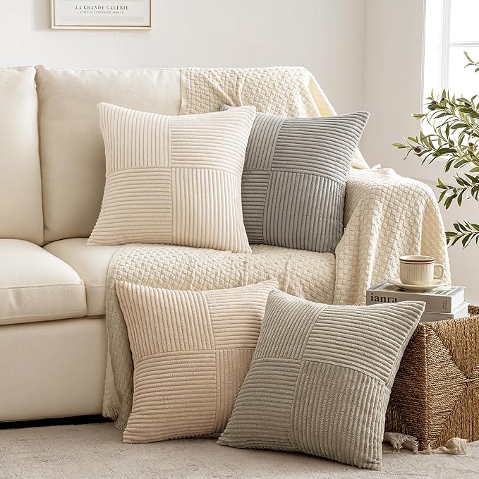 MIULEE Neutral Decorative Throw Pillow Covers 20x20 Inch Set of 4 for Livingroom Couch Sofa Modern Farmhouse Soft Corduroy Cushion Cases Striped Patchwork Home Decor (Cream,Grey)