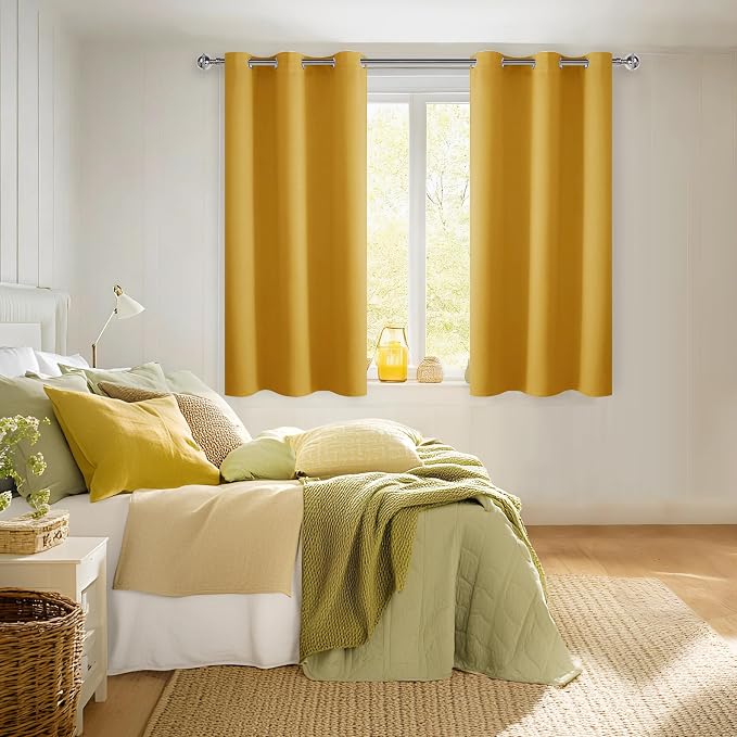 Hiasan Short Blackout Curtains for Bedroom - Thermal Insulated & Light Blocking Window Curtains for Living Room, 2 Drape Panels Sewn with Tiebacks, Mustard Yellow, 42 x 45 Inch