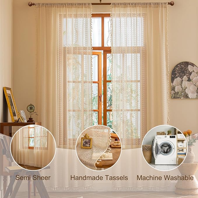 Sutuo Home Beige Boho Lace Curtains 84 inches Long,Crochet Macrame Bohemian Drape Farmhouse Vintage Chic Tassels,Cream Sheer Window Curtains for Living Room&Bedroom Decor Rod Pocket, 2 Panels 50" W
