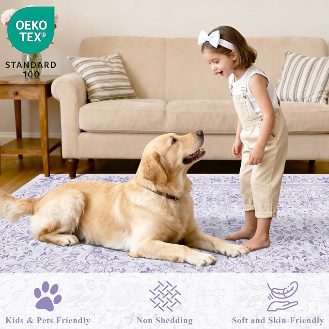 DUKINO 3x5 Rug, Washable Vintage Floral Bedroom Area Rug Non Slip, Purple | Low Pile, Non-Shedding, Aesthetic Lightweight Soft Indoor Small Carpet for Bathroom Entryway Living Room Office Farmhouse