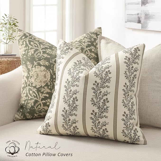Vintage Throw Pillow Covers 26x26 Set of 2, Striped Floral Pillow Cover Botanical Patterned Decorative Cushion Covers Modern Farmhouse Home Decor for Sofa Couch Bed Living Room, Chocolate