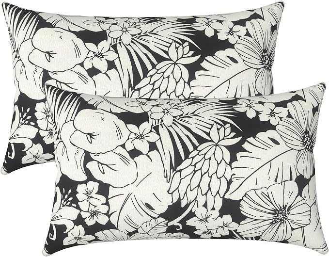 LVTXIII Outdoor/Indoor Lumbar Pillows, Decorative Patio Lumbar Cushions, Fluffy Fade Resistant Throw Pillow Cushions for Home Patio Coach Sofa, 12×20 Inch, Pack of 2, Tropical Blossom Noir