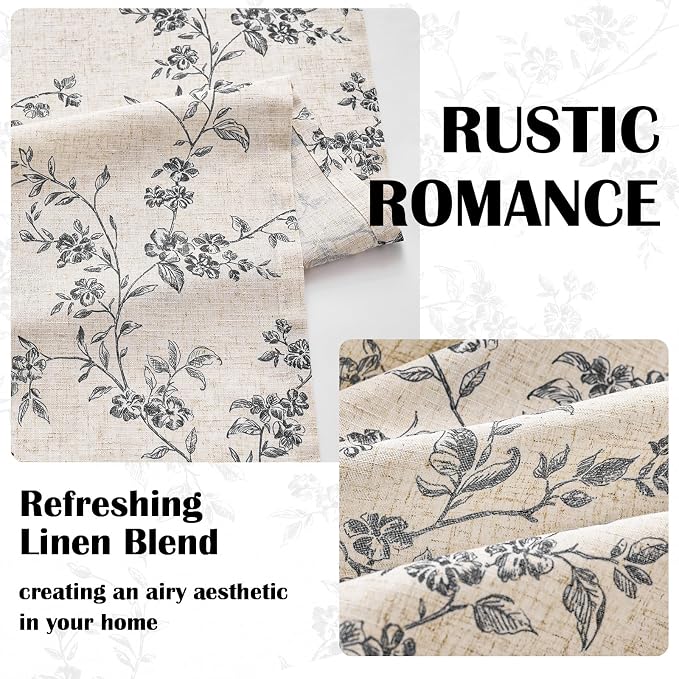 Lazzzy Floral Linen Curtains Farmhouse Extra Long Curtain for Living Room Bedroom Light Filtering Vintage Rod Pocket Back Tab Drapes for Home, 2 Panels, Black on Beige, W38 X L108