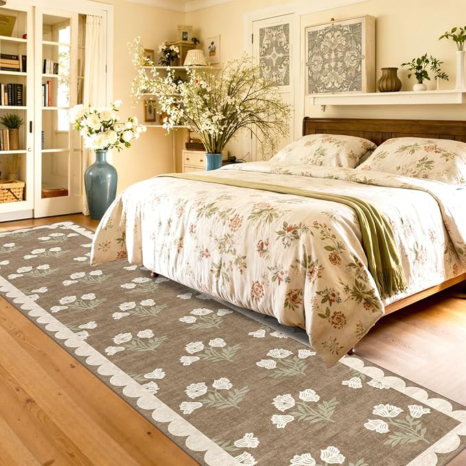 Non Slip Washable Hallway Runner Rug - 2x12 Extra Long Tan Kitchen Runner Rug Soft Boho Runners for Hallways Vintage Floral Scalloped Area Rug for Bedroom Entryway Foyer Stair Runner Decor