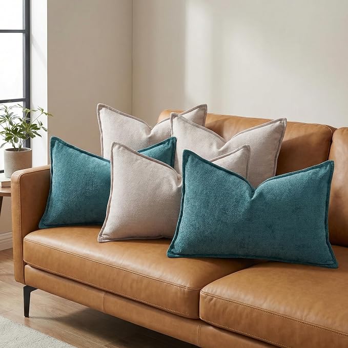 12x20 Inches Throw Pillow Covers Set of 4 Soft Textured Chenille Decorative Cushion Cases for Couch Sofa Bed Modern Farmhouse Neutral Accent Covers with Hidden Zipper Beige Green