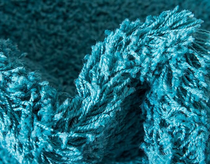 Unique Loom Solid Shag Collection Area Rug (6' 1" Round, Deep Aqua Blue) | Modern solid area rug for dining room, entryway & bedroom. Stain-resistant, easy-care, kid & pet friendly