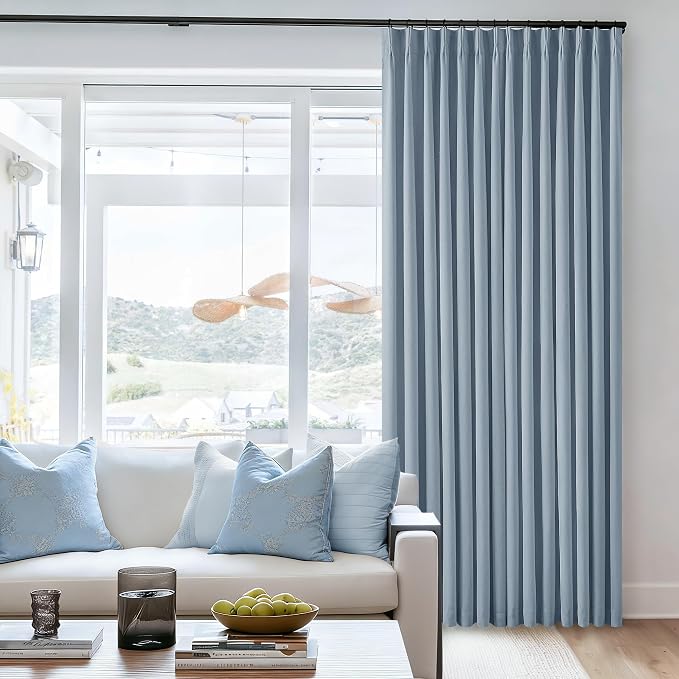 Light Blue Pleated Linen Blackout Curtains 90 Inches Long 2 Panels W40xL90 | Pinch Pleat with Ring Hooks Back Tab, 100% Black Out Thermal Insulated Drapes with Liner, for Bedroom Living Room, Dusty Blue