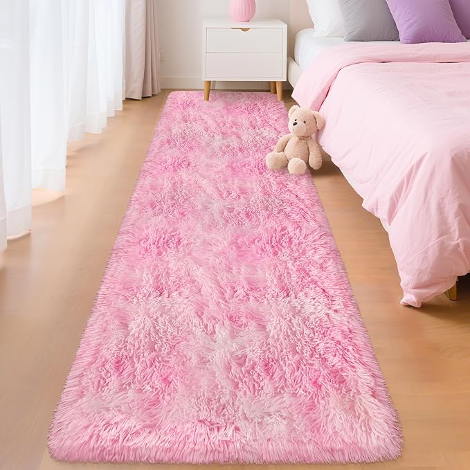 2x8 Pink Fuzzy Rug Runner for Bedroom Girls, Pink Shag Rug for Girls Room Bedside Living Room Hallway Plush Fuffy Carpet Runner for Kids Room Nursery Home