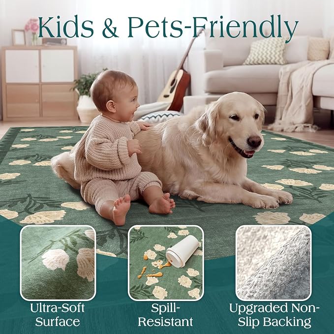 4x6 Boho Bedroom Rug - Sage Green Soft Washable Entry Rug Non Slip Stain Resistant Vintage Floral Scalloped Area Rugs for Living Room Bedroom Entryway Dining Room Kitchen Nursery Home Decor