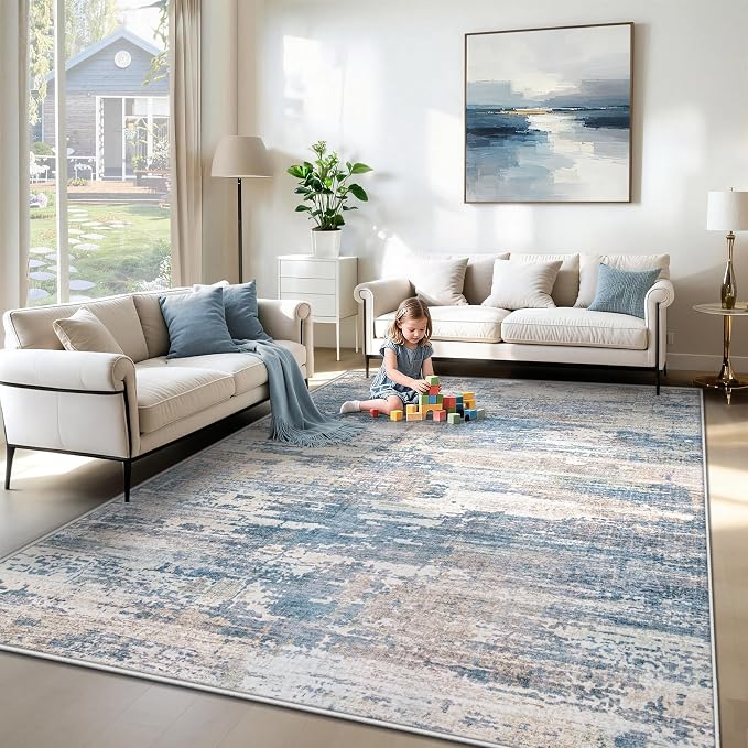 XLUEZ 6x9 Area Rugs for Living Room, Washable Modern Abstract Large Area Rug Neutral Soft Non Slip Kids Rug Stain Resistant Indoor Carpet for Bedroom Nursery Dining Room Playroom(BlueBeige, 6'x9')