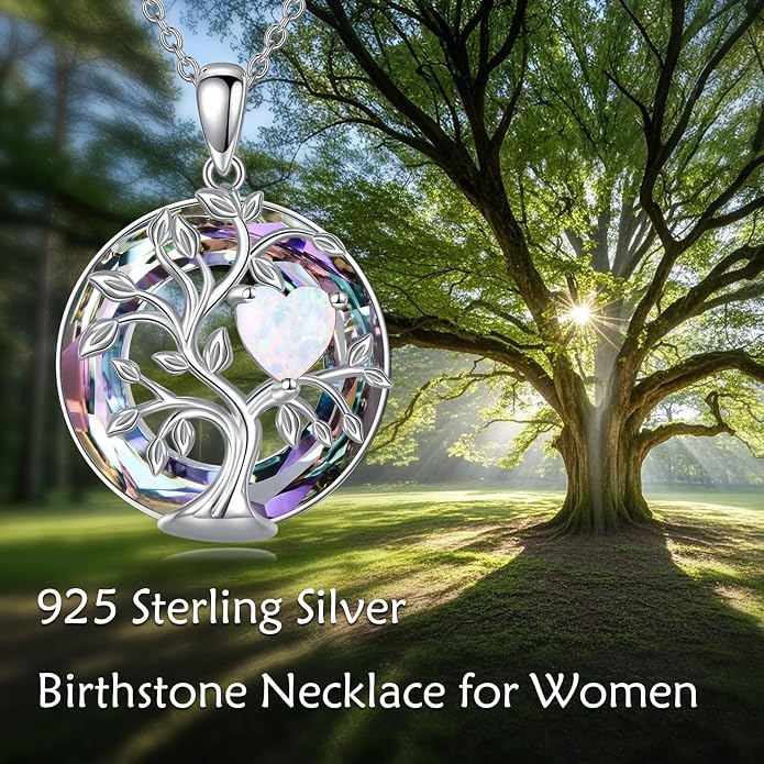 Tree Of Life Birthstone Necklace 925 Sterling Silver Crystal Family Tree Pendant Necklaces Heart Birthstone Jewelry For Women Female Anniversary Birthday Gifts