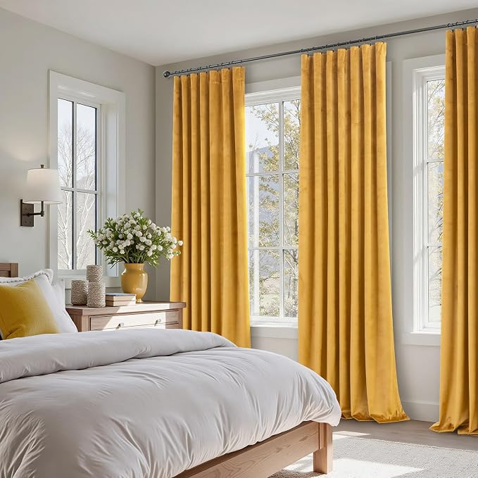 Back Tab Velvet Curtains Gold Bedroom Curtains 63 Inch Length 2 Panel Rod Pocket Super Soft Luxury Textured Thermal Insulated Short Drape for Boy Kids Room Office Apartment Studio Theater Autumn Decor