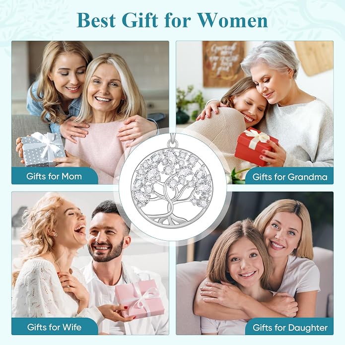 Tree of Life Necklace Jewelry Gifts - Family Tree Necklace Circular Pendant Zircon Leaves Energy Adjustable Chain Valentines Day Mothers Day Birthday Anniversary for Women Mom Wife Grandma