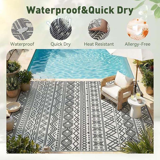 MontVoo-Outdoor Rug Waterproof 6x9 ft Outdoor Carpet Patio Rug Mat Reversible RV Camping Rug-Plastic Straw Rug Outside Outdoor Area Rug for Patio Deck Balcony Backyard Picnic Beach -Boho Grey