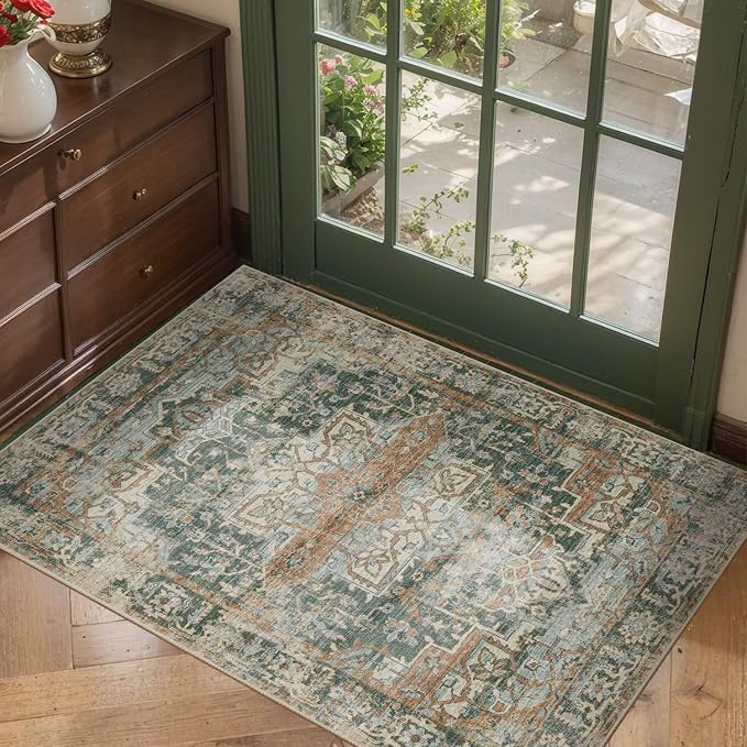 Rugxara 2x3 Entryway Rug Door Mat, Washable Samll Rug, Non Slip, Green | Rug for Entry Entrance Bathroom Kitchen, Stain Resistant, Soft Throw Accent Rug, Low Pile Front Door Mat, Vintage Boho Carpet