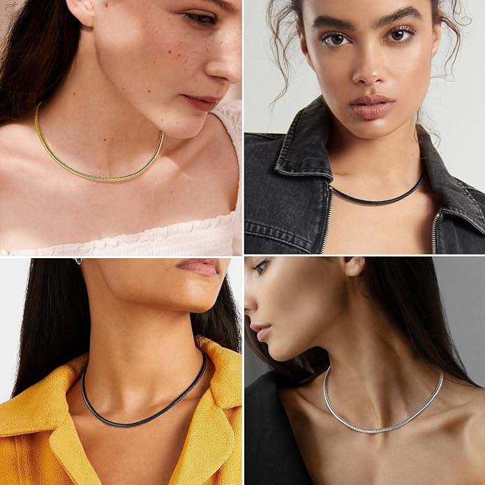 FindChic Black/14K Gold Plated Herringbone Choker Chain Necklace for Women | Waterproof Stainless Steel, Dainty Layering, Flat Snake Chain, Non-Tarnish, Hypoallergenic, Adjustable Extender, Gift Box
