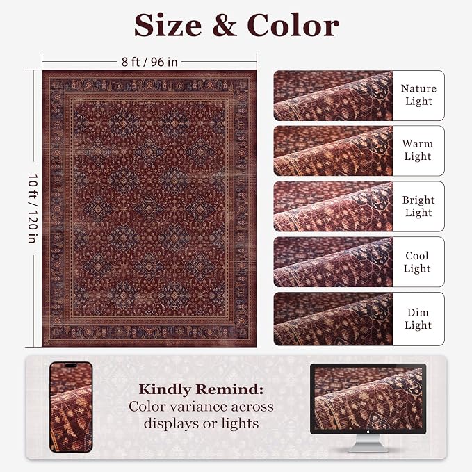 Amber Red Living Room Rug 8x10, Earth Tone Vintage Bedroom Rug with Boho Floral Trellis Purple Accents, Non Slip Washable Low Pile Thin Carpet Rug for Dining Room/Guest Room/Home Office