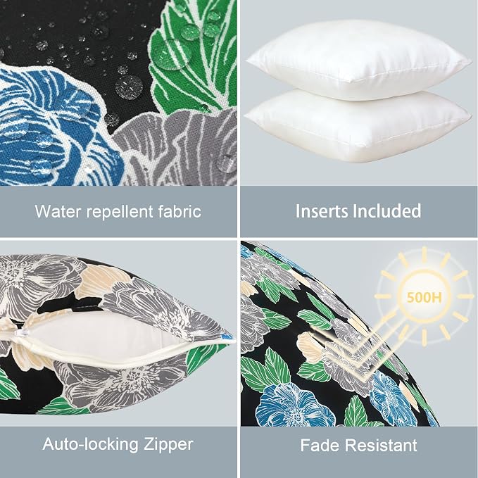 LVTXIII Outdoor Throw Pillows 18x18 Patio Waterproof Square Pillows with Piping Fade Resistant Accent Pillow for Spring Summer Garden Decoration, Set of 2, Peony Garden