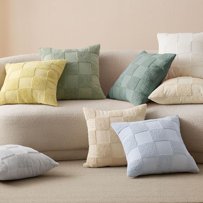 Double Stitch Checkered Throw Pillow Covers - 100% Cotton Tufted Boho Decorative Pillow Covers 20x20, Made in India, Square Cushion Case, Modern Home Decor for Couch, Sofa, Living Room, Chinois Green