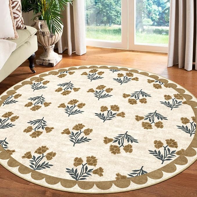 Beige 4ft Round Rug for Entryway - Washable Floral Boho Farmhouse Scalloped Round Area Rug for Bedroom Non Slip Stain Resistant Circle Rugs for Living Room Entryway Bathroom Nursery Apartment