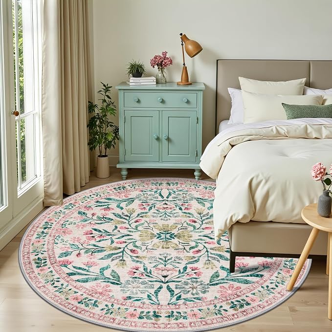 Round Area Rug for Living Room: 8 ft Floral Washable Circle Rug Soft Boho Non-Slip Carpet Indoor Floor Stain Resistant Low Pile Small Circular Rug for Bedroom Entryway Kitchen Nursery Pink/Green