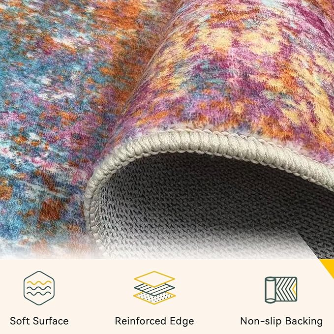 RELEANY Washable Area Rugs 3'x5' Non-Slip Modern Abstract Soft for Living Room Entryway Bedroom Kitchen, Print Pattern, Orange Blue Pink Yellow Colorful