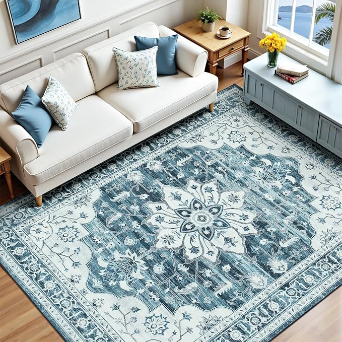 9x12 Coastal Blue White Large Area Rugs for Living Room - Boho Medallion Aesthetic Distressed Washable Rug, Soft Non-Slip Backing Low Pile Carpet for Dining Under Table, Bedroom, Office
