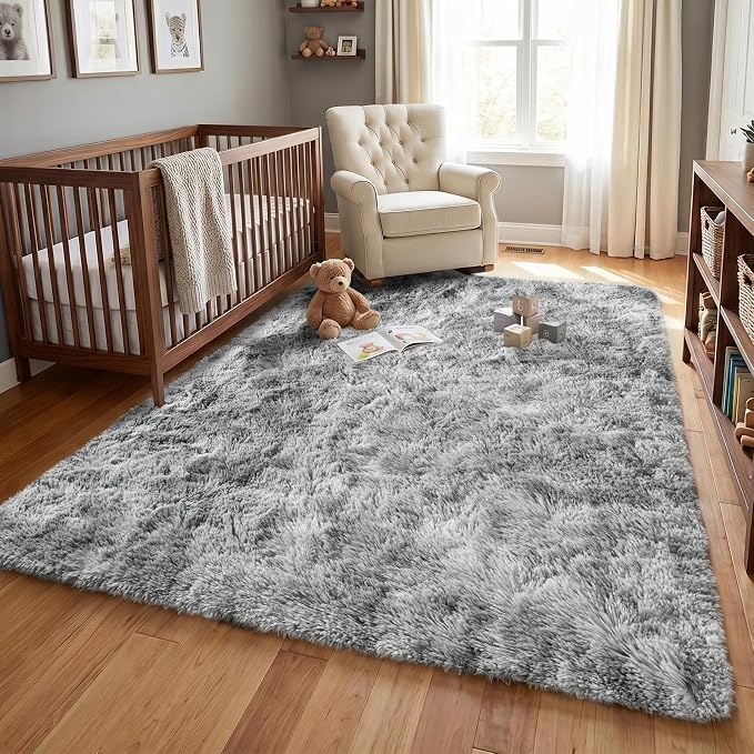 Fluffy 5x7 Area Rugs for Bedroom: Tie-dye Light Grey Soft Shag Rug for Living Room, Large Fuzzy Plush Indoor Floor Carpet Non Slip Modern Rug for Nursery Boys Girls Kids Room Playroom Dorms Home Decor