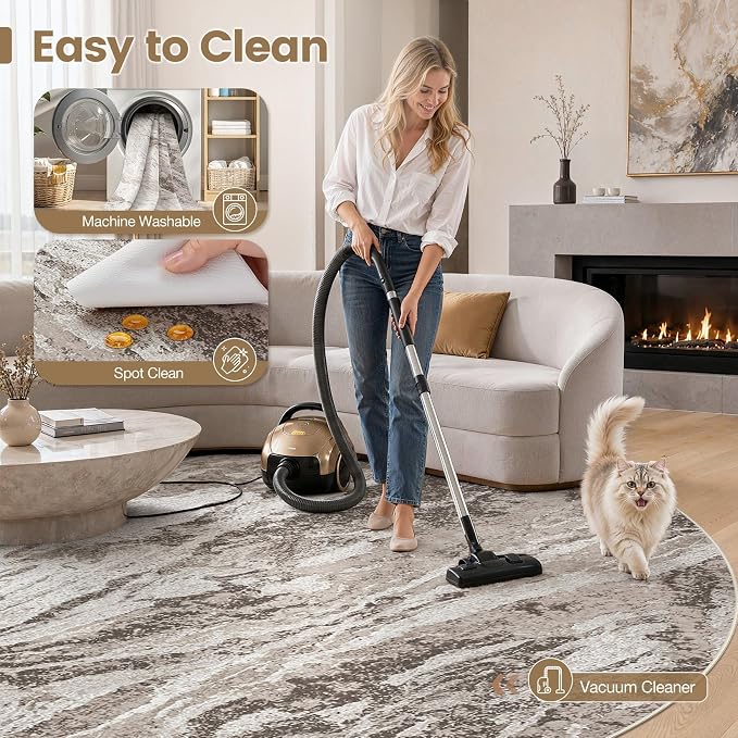 Area Rugs for Living Room: 10ft Round Abstract Washable Rug Modern Neutral Large Soft Stain Resistant Non-Slip for Bedroom Dining Room Indoor Home Office Carpet - Brown