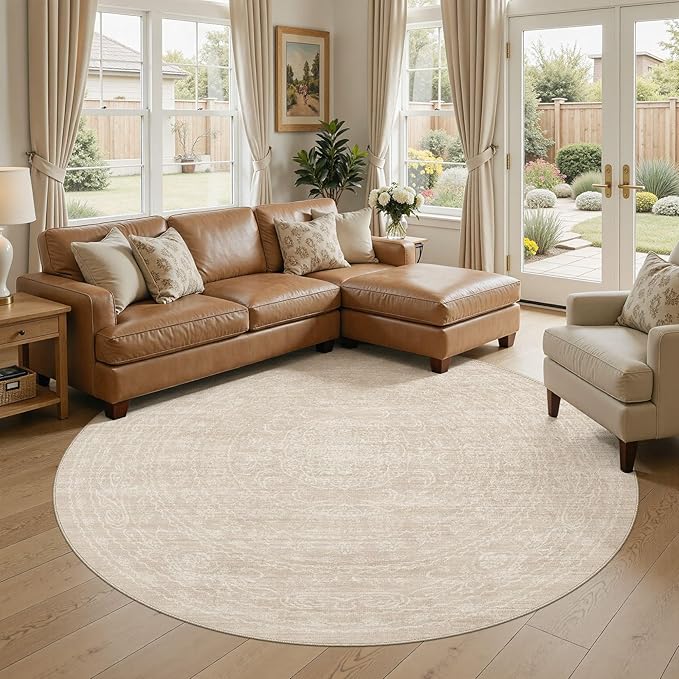 8ft Round Rug Living Room: Washable Large Vintage Neutral Area Rug Non-Slip Soft Stain Resistant Indoor Carpet for Bedroom Nursery Dining Room Under Table Bed Home House Office Playroom - Beige