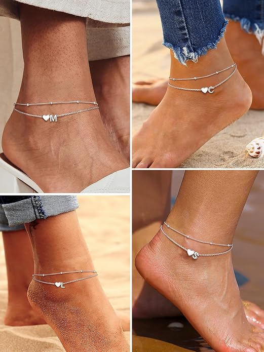 PROSILVER Ankle Bracelets for Women S925 Sterling Silver Anklets for Women Waterproof, Dainty Layered Heart Anklet, Beach Initial Anklet for Summer, Letter A-Z
