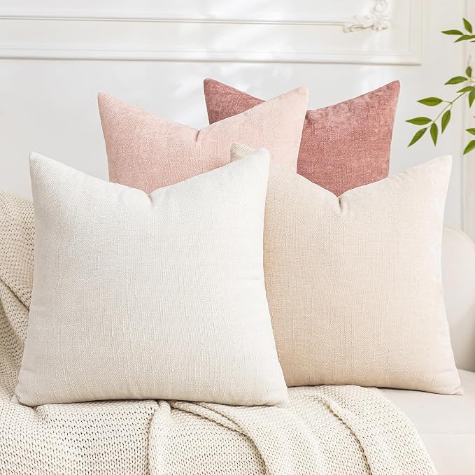 Set of 4 Soft Textured Decorative Throw Pillow Covers 16x16 Inch Cozy Farmhouse Cushion Cover Square Accent Pillow Cases for Bed Couch Sofa Living Room, White Beige Pink