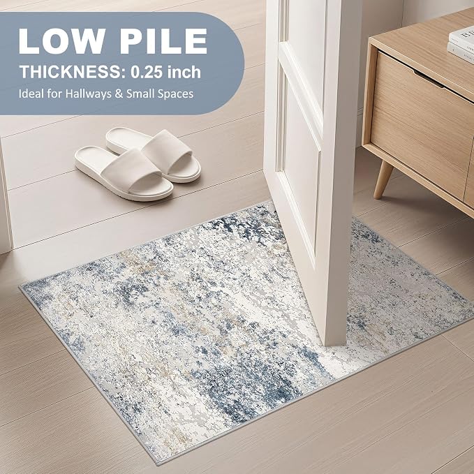 DMOYEST 2x3 Entryway Area Rug: Washable Neutral Modern Abstract Small Rug - Non-Slip Low Pile Throw Indoor Carpet for Entrance Kitchen Front Door Mat Bathroom Entry Kids Room - Beige Blue