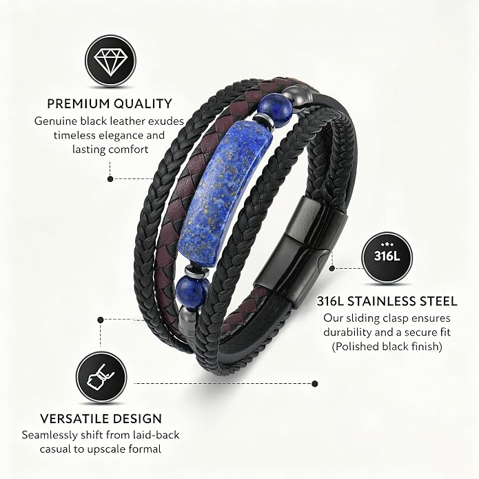 Mens Turquoise/Lapis Lazuli/Tiger Eye/Black Agate/Obsidian Leather Braided Bracelets for Father's Day/Birthdays/Graduation Jewelry Wristband Cuff Bracelet with Stainless Steel Clasp