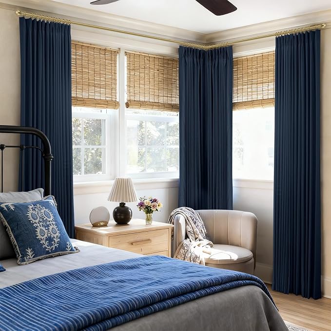 CAPALOCA Navy Blue Linen Pinch Pleated Curtains Blackout, 100% Black Out Curtains 102 inch Long for Bedroom, Blackout Thermal Insulated Pinch Pleated Drapes for Living Room, 40" W x 102" L, 2 Panels