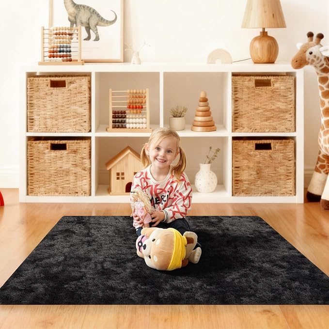 4x6 Rugs for Bedroom, Fluffy Area Rugs for Living Room, Small Fuzzy Shag Soft Non-Slip Carpet for Kids Girls and Boys Nursery Dorm Indoor Room Home Decor (4ft X 6ft, Tie-Dyed Black Grey)