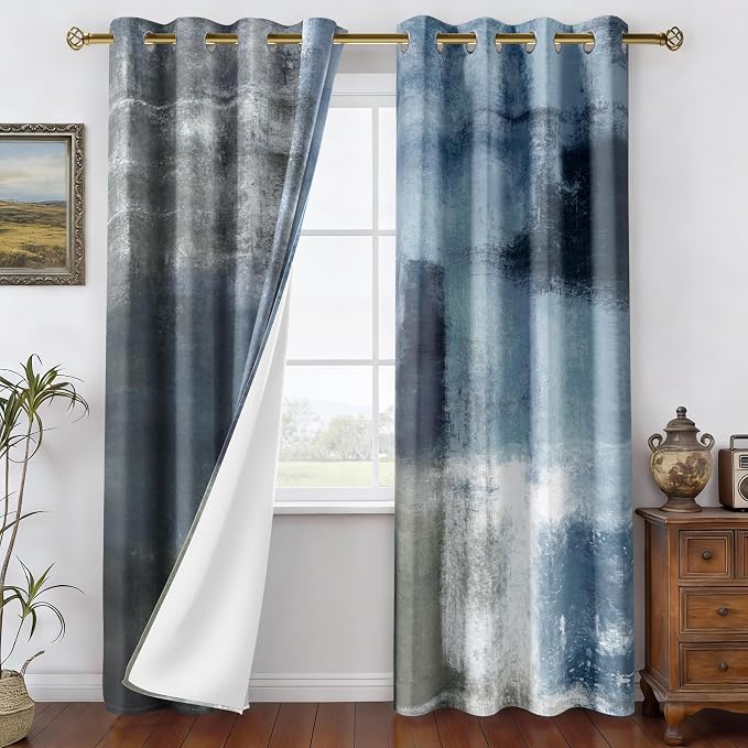 Asuexpect Dusty Blue Abstract Curtains 2 Panels Set Navy Grey Geometric Curtain Modern Chic Window Treatments Decorative for Farmhouse Living Room Bedroom Window 50% Darkening Curtain 52x63 Inch