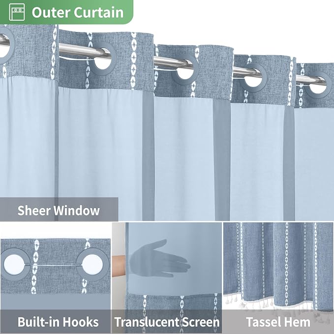 eachope No Hook Stall Shower Curtain with Snap-in Fabric Liner - 54x80 Heavy-Duty Linen Textured Striped Design,Narrow Rustic Modern Farmhouse Bohemian Bathroom Curtain,Water-Repellent,Blue
