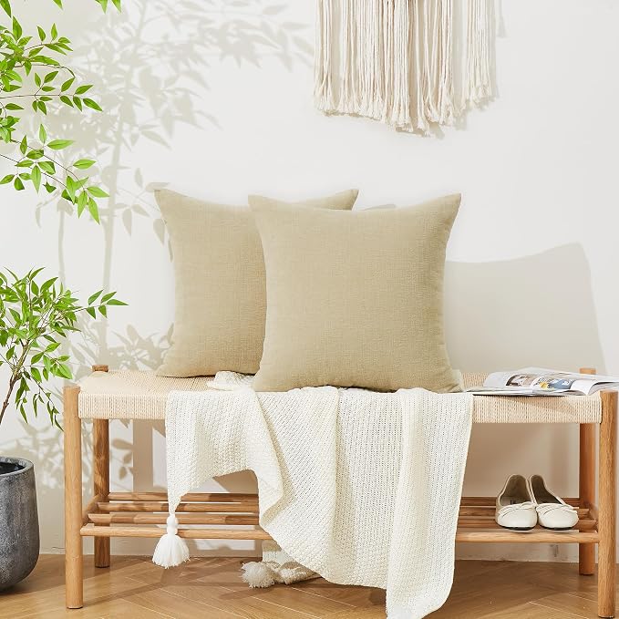 GAWAMAY Decorative Square Throw Pillow Covers 22x22 Inch Set of 2, Super Soft Chenille Pillows Farmhouse Fall Pillowcase for Living Room Bedroom Sofa Couch Cushion Cover Khaki 55x55cm (No Insert)