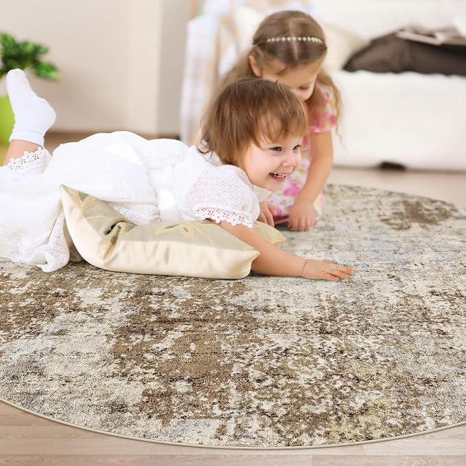 5ft Round Area Rug Living Room Rugs - 5x5 Washable Large Soft Indoor Neutral Modern Abstract Low Pile Rug Carpet for Bedroom Dining Room Farmhouse Home Office - Light Brown