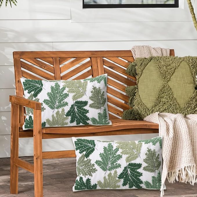 Set of 2 Embroidered Decorative Throw Pillow Covers Couch Square Pillowcases Cushion for Bedroom Sofa Farmhouse Decor 18x18 Inch (Green Maple Leaf-Lumbar)